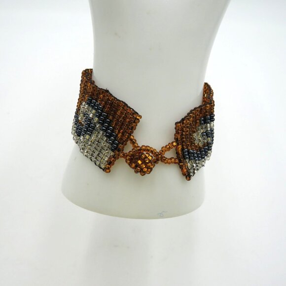 Handmade Beaded Cuff Bracelet Seed Bead Wave Pattern Amber Silver Black Boho - Picture 8 of 10